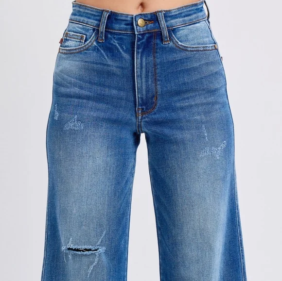 Judy Blue High-Rise Torn Boyfriend Jeans Ultra Wide Leg Cuff Raw Hem Denim Pants - Picture 11 of 16